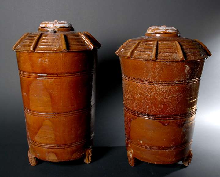Pair of Large Brown Glazed Graneries and Covers - Han Dynasty